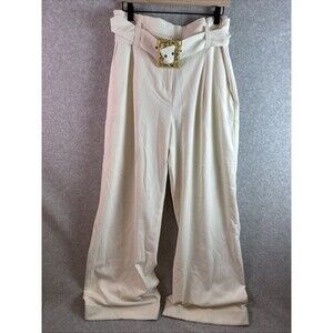 Diane Gilman Ivory Cuffed Dress Pants Tailored Belt Women's Sz 16 Pockets Luxury